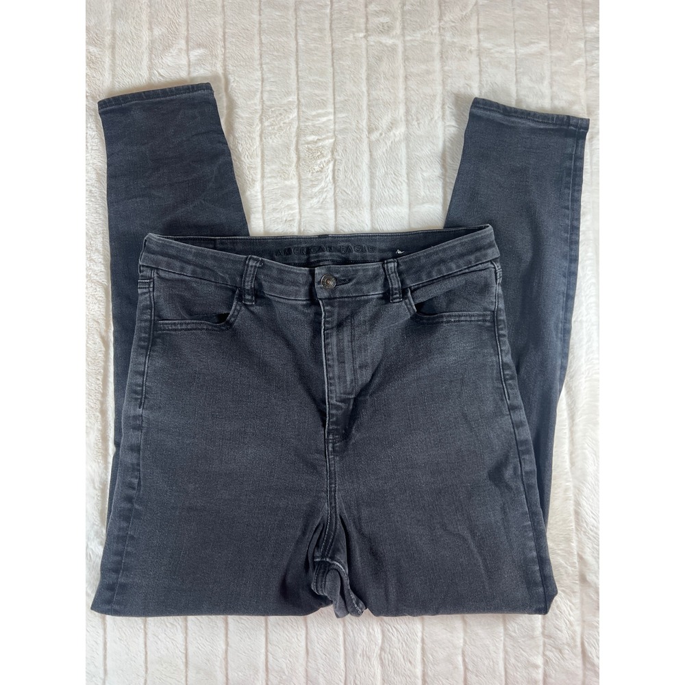 American‎ Eagle Outfitters Curvy Super Hi Rise Jegging Distressed Black Jeans 14